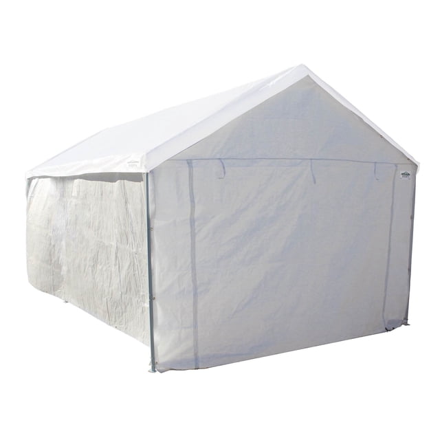 Caravan Canopy Domain Car Port Tent Sidewalls with straps in white, compatible with 10 x 20-foot Domain Series carports. Includes 4 polyethylene sidewalls, 3 solid and 1 with an opening for vehicle access. Provides UV protection and secures with elastic ball straps. Roof and frame not included.