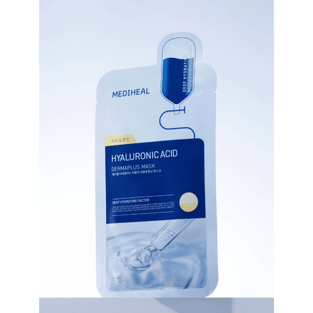 Mediheal Dermaplus Low Molecular Hyaluronic Acid Mask 22ml single sheet mask packet with blue and white packaging featuring a hydration IV bag graphic and a dropper with clear serum, designed for deep hydration and replenishing skin moisture.