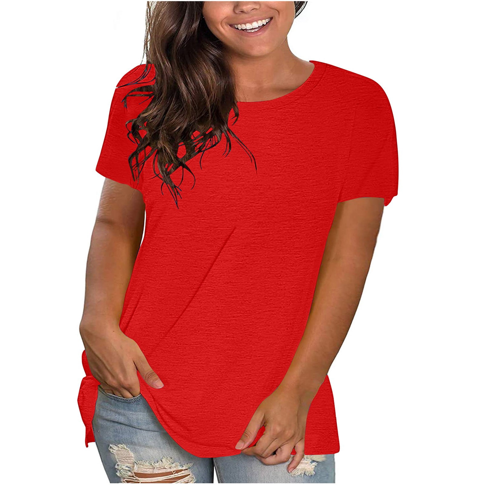cfhntfmh Plus Size Tops for Women Crew Neck Short Sleeve Shirts Summer Solid Color Loose Basic T-Shirts Tees