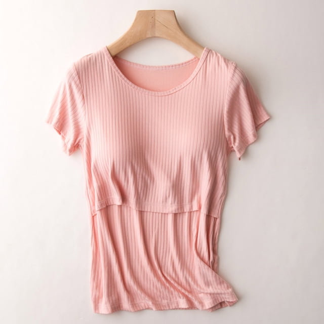 TIMIFIS T-Shirt d'Allaitement Rose pour Femmes à Manches Courtes d'Été, T-Shirt d'Allaitement Décontracté à Col Rond Uni, T-Shirt Post-Partum - Printemps/été