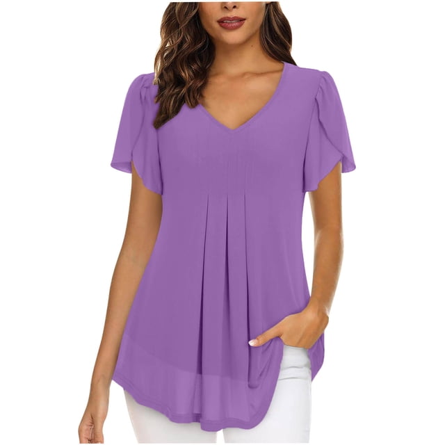 Timegard Hauts pour Femmes Été Chiffon Col en V Manches Courtes Pétale Blouse Plissée Fluide Tunique Décontractée Hauts
