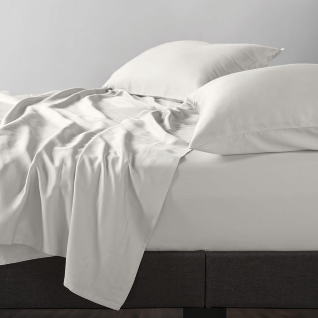 Allswell 300 Thread Count Soft & Silky 4-Piece Viscose from Bamboo Sateen Sheet Set in ivory-white, featuring a flat sheet, fitted sheet, and two pillowcases on a bed, crafted with breathable, moisture-wicking bamboo fabric in a sateen weave, ideal for all seasons and mattress depths from 9 to 20 inches.