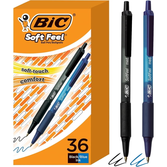 BIC Soft Feel Retractable Ballpoint Pen with 1.0 mm Medium Point and No-Slip Grip, 36-Count in Assorted Ink (Color Black and Blue, Ink Color Black/Blue)