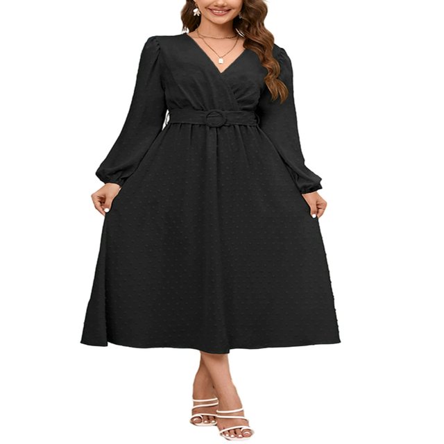 Robe Midi Ligne A pour Femmes Manches Longues Col en V à Pois Suisses