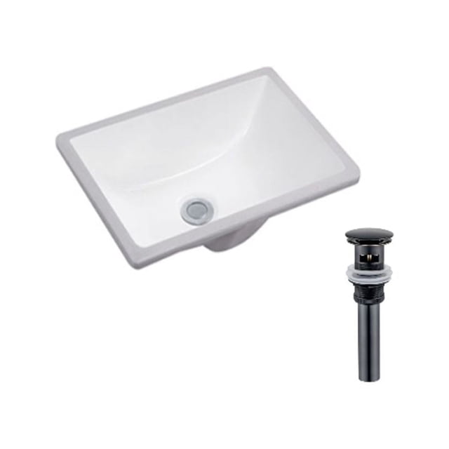 DROP Bath and Kitchen DR091200 undermount bathroom sink set with a white rectangular ceramic sink featuring a glossy finish and a black drain with overflow, designed for undermount installation and ideal for compact vanity spaces.