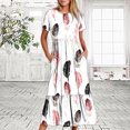 thumbnail image 1 of Fshaion Robe d'Été pour Femmes 2024 Grande Taille Décontractée à Manches Courtes Col Ras du Cou Robe Décontractée Fluide à Volants Maxi Robe de Plage avec Poches Robe à Imprimé Plume Liquidation à Moins de 10!, 1 of 6