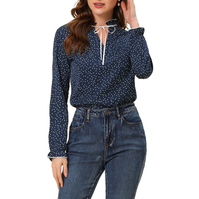 INSPIRE CHIC Blouse à Col à Volants Noué pour Femme Manches Longues Hauts L Bleu Foncé-Pois