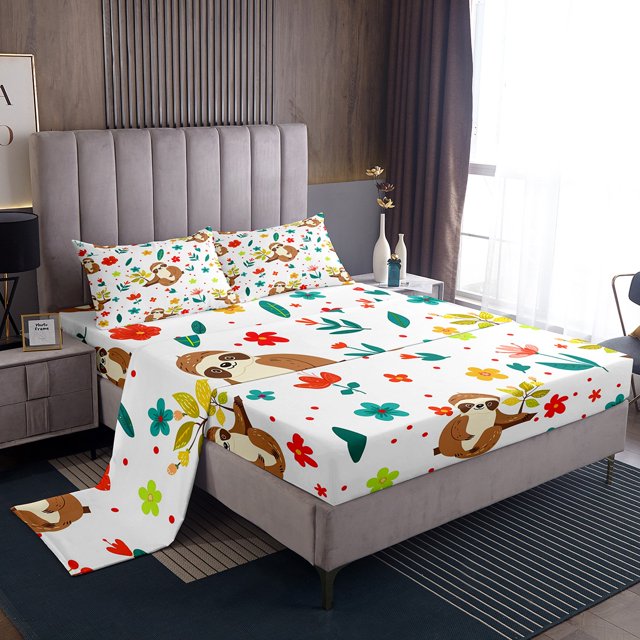 YST Sloth Bed Sheets Set Funny Animal Sheet Set For Girls Kids Cute Flower Animal Bed Set King Size, Wild Animal Sheets Botanical Flower Pattern 3D Fitted Sheet + Top Sheet + 2 Pillowcases