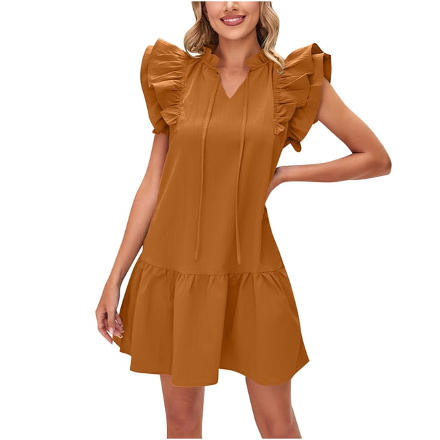 Robe d'Été pour Femmes Aguichant Mode Femmes Été Col Rond Robe Poupée Couleur Unie Robe Plissée Sans Manches Hauts Aguichant pour Femmes Été Aguichant Robe d'Été pour Femmes Hauts d'Été pour Femmes Aguichant