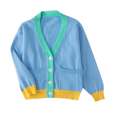 QUYUON Cardigan pour Enfants Chandail Bébé Garçons Filles Doux Léger Col en V Manches Longues Chandails Tricotés avec Poches Tout-Petit Décontracté Boutonné Ouvert à l'Avant Manteaux Cardigan Vêtements d'Extérieur Bleu 4T-5T