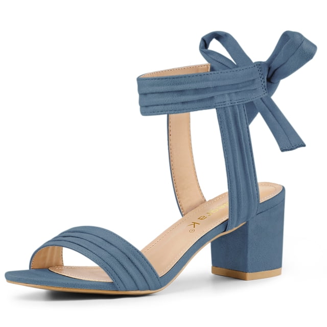 BLISSFUL STEP Women's Open Toe Ankle Tie Back Block Heels Sandals Haze Blue (Size 8)