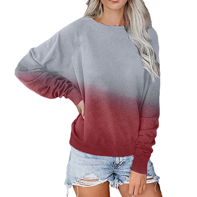 T-shirts pour Femmes Automne Hiver Col Rond Manches Raglan Dégradé T-shirt Décontracté Ample Hauts à Manches Longues pour Femmes en Liquidation