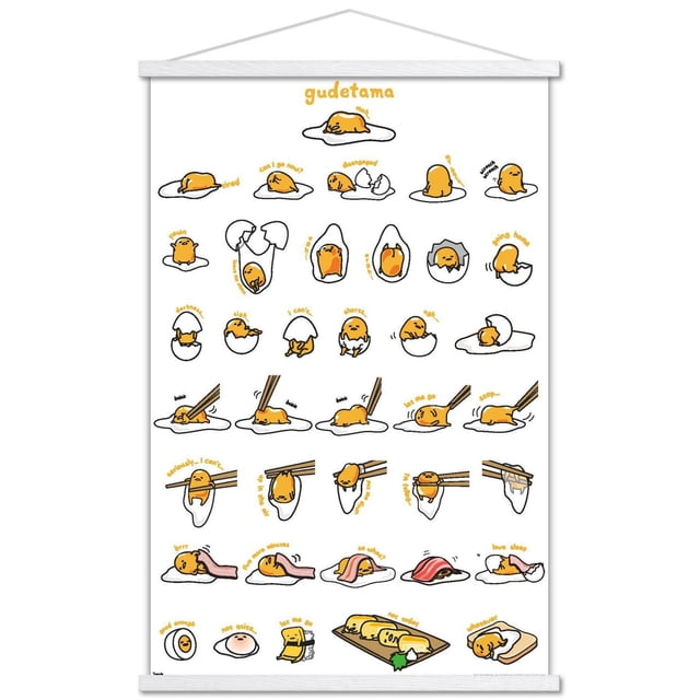 Gudetama - Grid Wall Poster, 14.725" x 22.375" featuring a grid of small illustrations of the lazy egg character Gudetama in various poses including lying down, yawning, hatching from an egg, being held with chopsticks, and wrapped in bacon, with playful captions in orange and black on a white background, framed with white wooden hangers, ideal wall art for home décor and bedrooms, often used to add a whimsical touch to dorm rooms or offices.