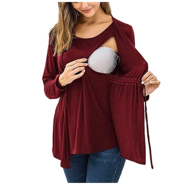 Kcodviy T-Shirt de Maternité pour l'Allaitement Hauts pour Femmes Hauts à Manches Longues Superposer Hauts de Ventre Femmes Blouse de Maternité Double