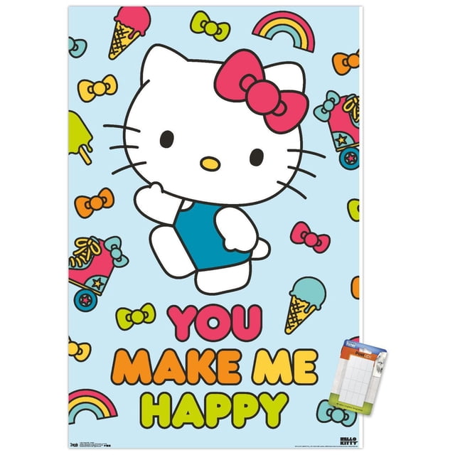 Hello Kitty - Happy Wall Poster, 22.375" x 34" featuring a front-facing Hello Kitty with a red bow and blue outfit on a light blue background decorated with colorful bows, ice cream cones, rainbows, and roller skates, with the phrase 'YOU MAKE ME HAPPY' in bold pink, orange, and yellow letters, ideal for brightening bedrooms, offices, or dorm rooms.