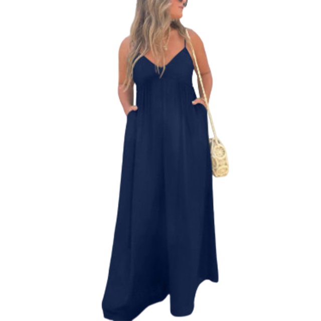 Innerwin Combinaison Longue Col en V Profond Femmes Combinaisons Vacances Sans Manches Décontracté Pantalon Large Bleu 4TG