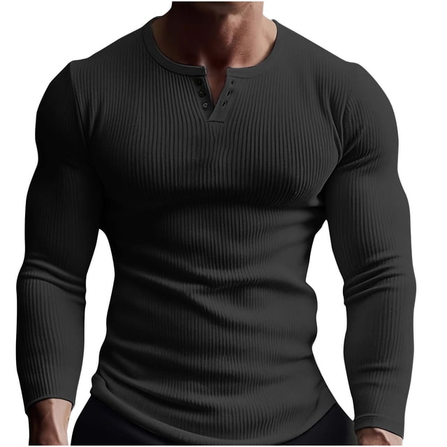 Yuyuzo Mens Long Sleeve Shirts Slim Fitted Ribbed Solid Color Button V-Neck Fall Casual Plain Tops