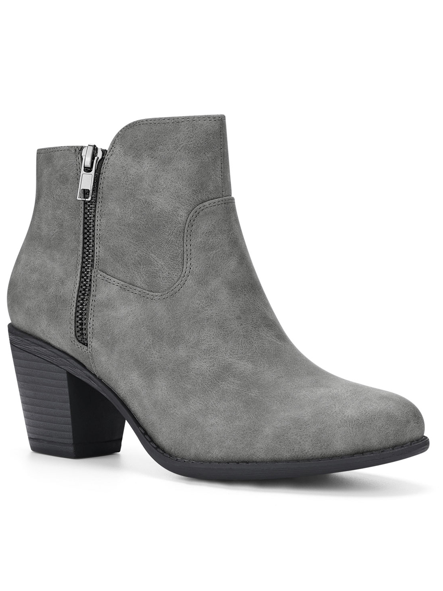 Unique Bargains Women's Round Toe Stacked Block Heel Zipper Ankle Boots