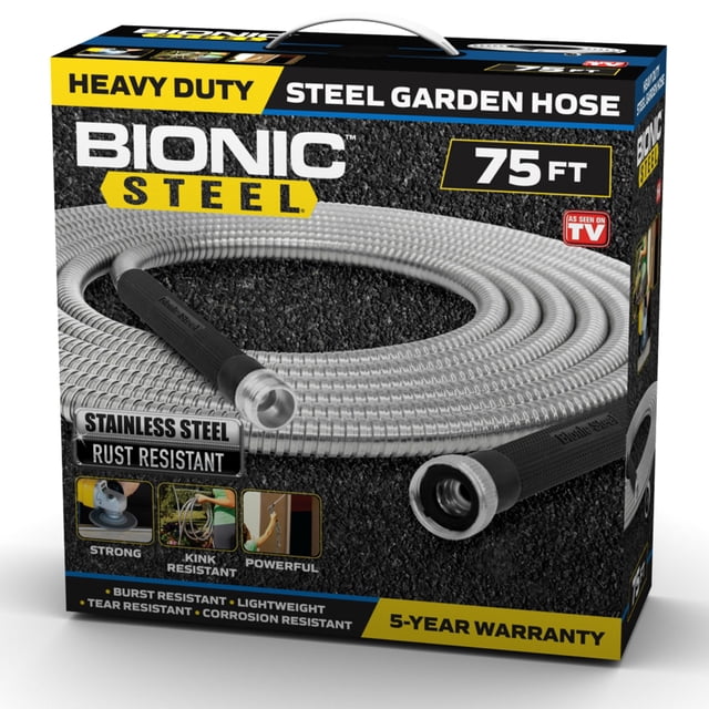 Bionic Steel Garden Hose 75' ft Water Hose For Outside Heavy Duty Metal Hose Stainless Steel with Spray Nozzle Kink-Free. The packaging emphasizes its durable 304 stainless steel build, rust resistance, kink-free design, and lightweight construction. Suitable for garden hoses and watering supplies, it includes a 5-year warranty and adjustable spray nozzle for versatile outdoor use.