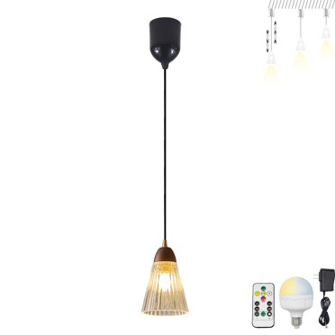 FSLiving Rechargeable Battery Operated Pendant Light with Remote,Nordic Style Hanging Light with Glass Clear Shade,Adjustable Height RGB Color,Timer,Dimmable Lamp for Bedroom (Walnut) - 1 Light