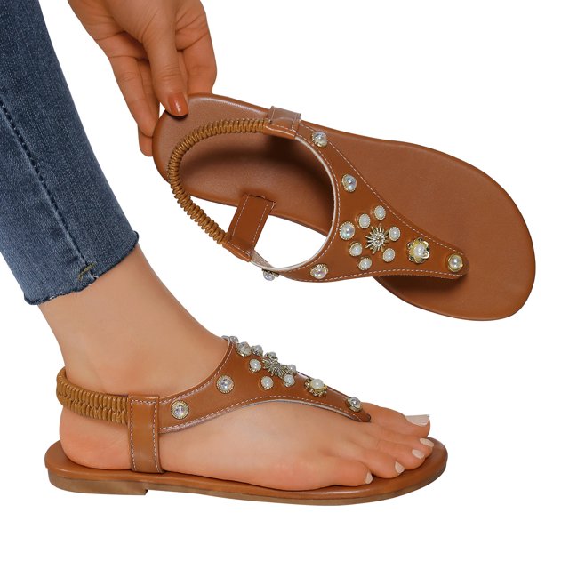 LSLJS Glamorous Outdoors T-strap Flat Sandals for Women Rhinestone Decor Plain PVC Toe Post Thong Sandals, Womens Flip Flops