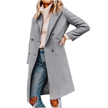 IROINID Women's Casual Long Coat Notch Lapel Solid Color Trench coat Long Sleeve Outwear, Gray