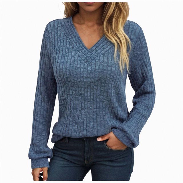 WUANDIXFA Hauts pour Femmes pour l'Automne Chandails à Manches Longues pour Femmes Tuniques à Col Rond Hauts Coupe Affaires Décontractée Automne Chandails Légers Vêtements Mode Bleu,P