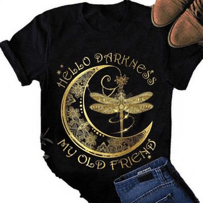 Femmes T-shirt Imprimé Manches Courtes Top Rond Femmes T-shirt Col Chemise d'Été Casual, Noir, L