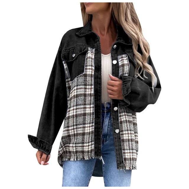 IROINID Veste Courte en Denim pour Femme Veste Col à Revers à Carreaux Manches Longues Décontractée de Loisirs Poches Hauts Veste Manteau à Carreaux, Noir