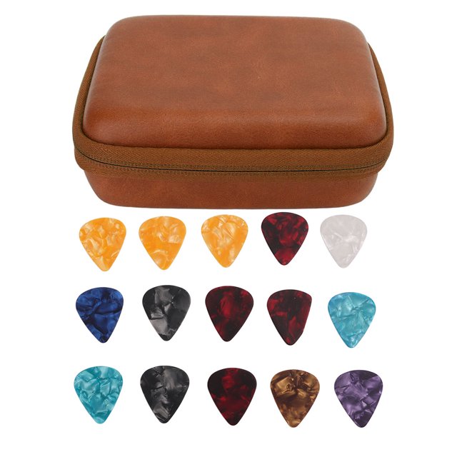 Guitar Pick Bag Set, Guitar Picks Holder Large Space Easy To Carry Shock Proof Scratch Resistant For Storage Brown With Strap