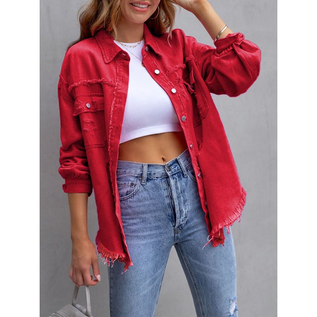SEARIPE Women‘s Casual Denim Jacket Frayed Hem Ripped Long Sleeve Jean Jacket With Pockets Pink M