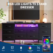 AKDSteel 63 Inch Tv Stand Dresser With 10 Drawers, Fabric Storage Media Console With Led Light And Power Outlet For Tvs Up To 75"