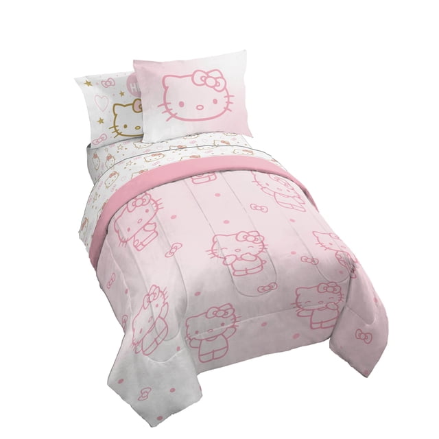 Sanrio Hello Kitty Stars 5-Piece Twin Bedding Set in pink, featuring a whimsical Hello Kitty design with stars and bows. The set includes a 64 x 86 inch comforter, 39 x 75 inch fitted sheet, 66 x 96 inch flat sheet, 20 x 30 inch standard pillowcase, and 20 x 26 inch sham. Made from 100% microfiber for a soft and cozy feel, suitable for all seasons. The bedding is machine washable for easy care and adds a playful touch to any child's bedroom or guest space.