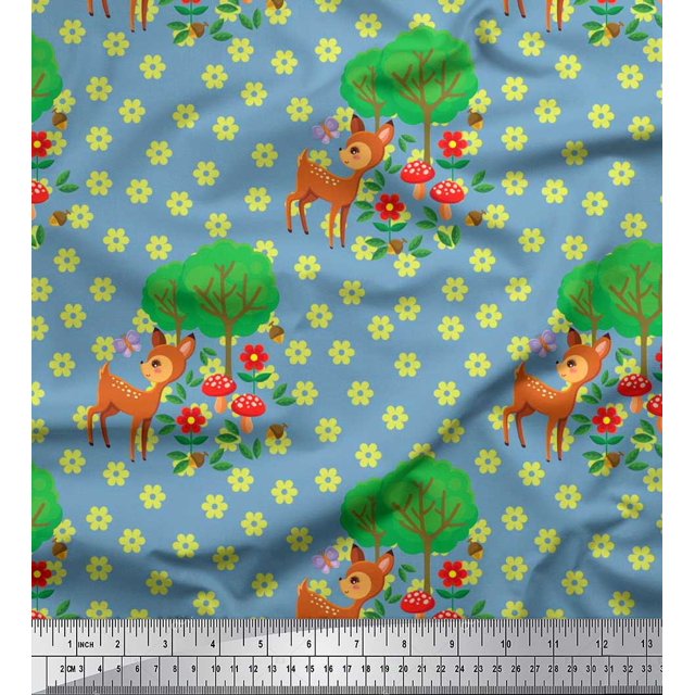 Soimoi Poly Crepe Fabric Floral,Tree & Deer Kids Decor Fabric Printed Yard 42 Inch Wide