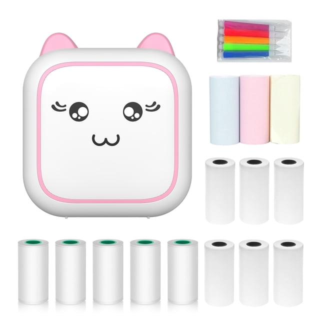 yeacher Pink C25 Mini Thermal Printer with 200dpi Resolution, Bluetooth/USB Connectivity, 800mAh Battery, Includes 6 Thermal Rolls, 5 Adhesive Rolls, 3 Color Rolls, and 5 Markers