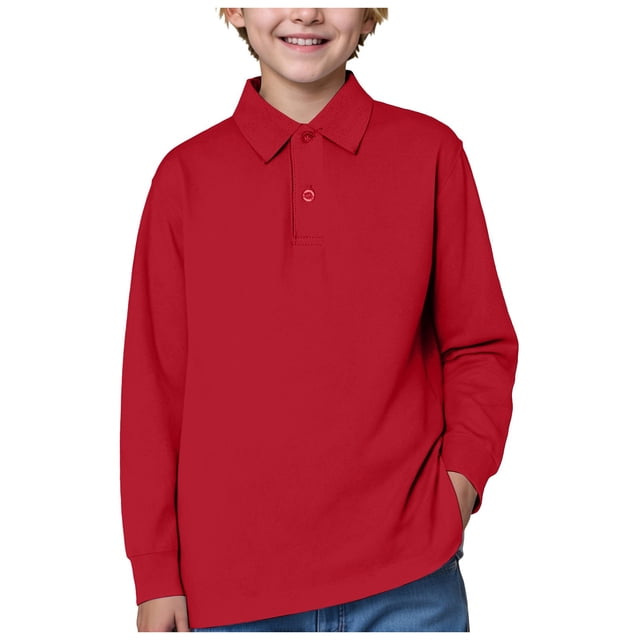 WUANDIXFA Chandails à Col Rond Unisexes pour Enfants et Tout-Petits Chemise Garçon T-Shirt à Manches Longues T-Shirt en Coton pour Enfants École Filles Chemise à Col à Revers Robe de Base Rouge, 16-17 Ans