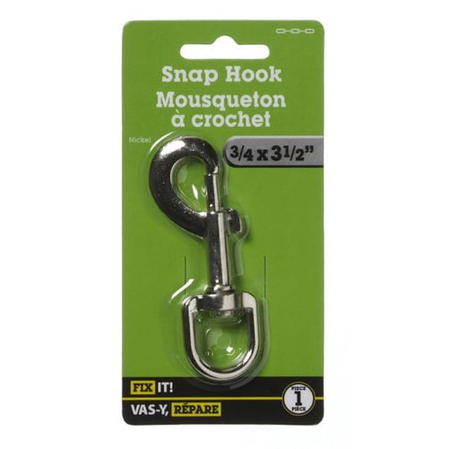 3/4"x3-1/2" Snap Hook 1 Piece by FIX IT! nickel-plated metal with spring-loaded clasp and swivel base on green packaging, designed for quick attachment of wires, cables, or cords without tools, supporting up to 60 lbs, suitable for home improvement hardware and specialty hook applications.