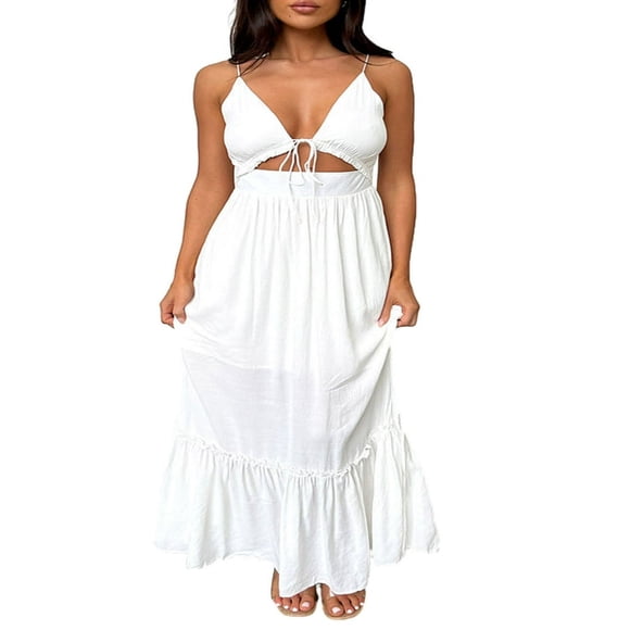 Women‘s Summer Long Dress Tie Spaghetti Strap Cutout Party Dress