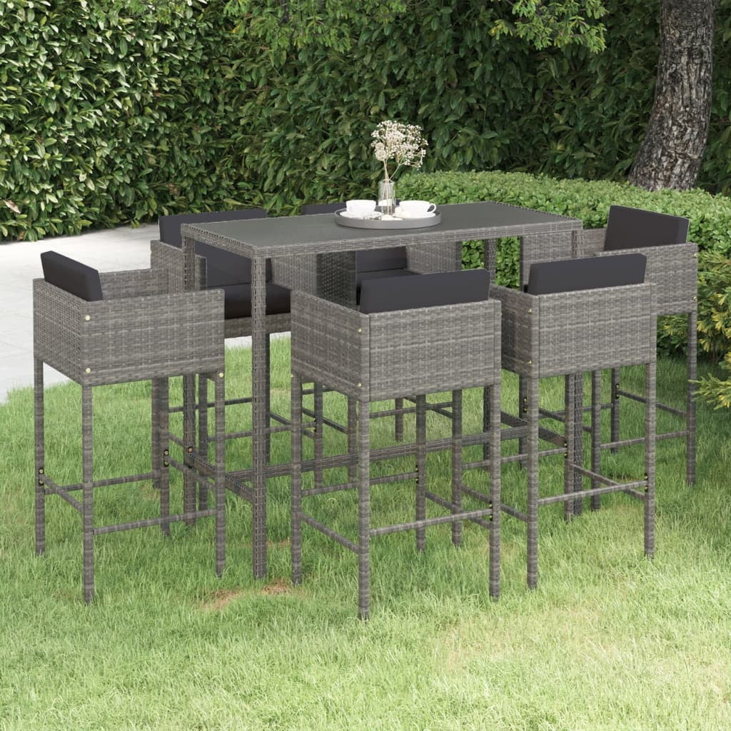 vidaXL Ensemble de Bar de Jardin 7 Pcs avec Coussins en Rotin Gris