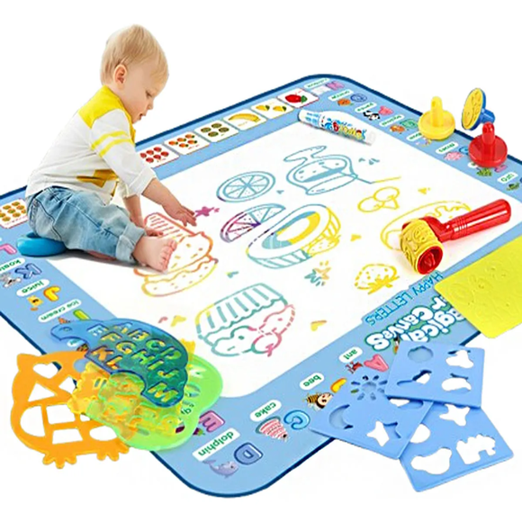 "Magic Water Doodle Mat for Kids - Reusable XL 80x60cm Drawing Pad with 3 Brushes & Learning Accessories, Mess-Free Educational Toy"