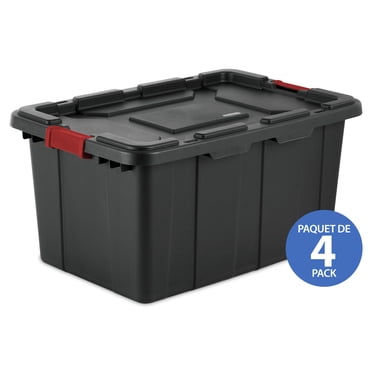 Sterilite 102 Liter Industrial Tote, Large Rugged Plastic Storage Bin with Latch Lid, Black, 4 Pk