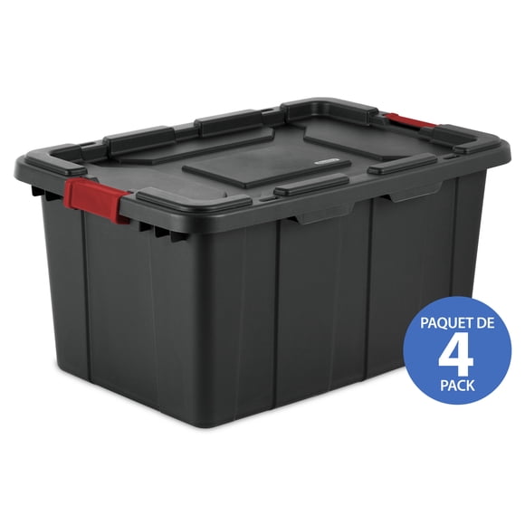 Sterilite 102 Liter Industrial Tote, Large Rugged Plastic Storage Bin with Latch Lid, Black, 4 Pk