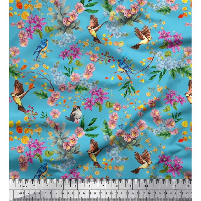 Soimoi Blue Rayon Fabric Floral,American Robin & Bluebird Bird Print Sewing Fabric BTY 56 Inch Wide