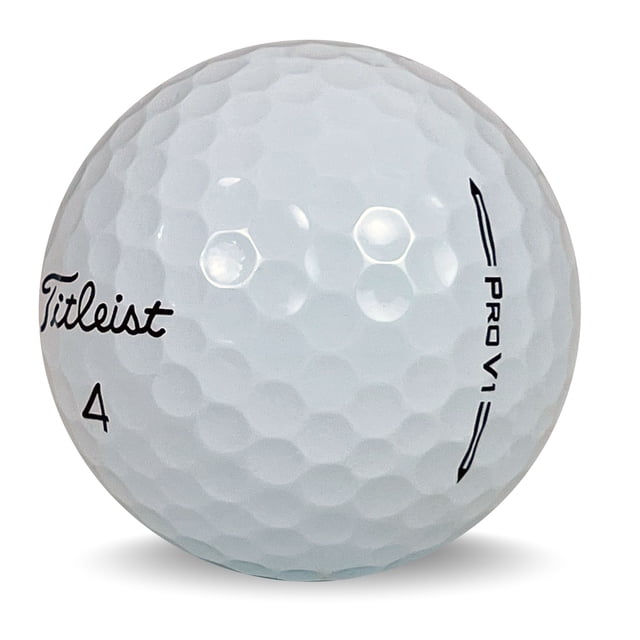 48 Pro V1 5A by Mulligan Golf Balls - Used Golf Balls. A close-up view of a pristine Titleist Pro V1 golf ball, featuring a clean white surface with no marks or scuffs. The ball displays the Titleist logo, the number 4, and the Pro V1 branding. Ideal for golfers of all skill levels, these gently used balls offer excellent flight, spin control, and a soft feel. Packaged in eco-conscious recycled materials, they are cost-effective and suitable for practice, casual rounds, or competitive play.