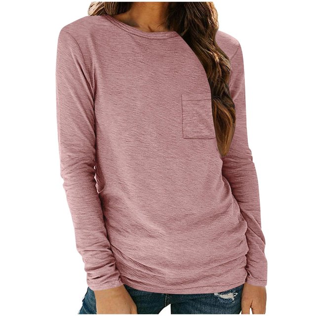Timegard Long Sleeve Tops for Women Round Neck Causal Tunic T Shirts Comfy Solid Color Basic Tops
