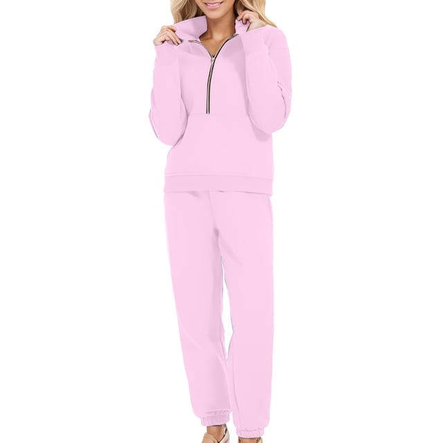Timegard 2pc Sweatsuits for Women Outfits Half Zipper V Neck Long Sleeve Sweatshirt Cinch Bottom Sweatpants Workout Sets