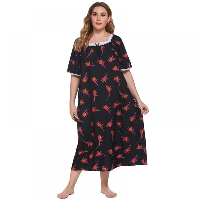 Chemise de Nuit Douillette à Manches Courtes pour Femmes, Encolure Carrée, Imprimée, Grande Taille, Robes de Maison pour Femmes TG-4TG