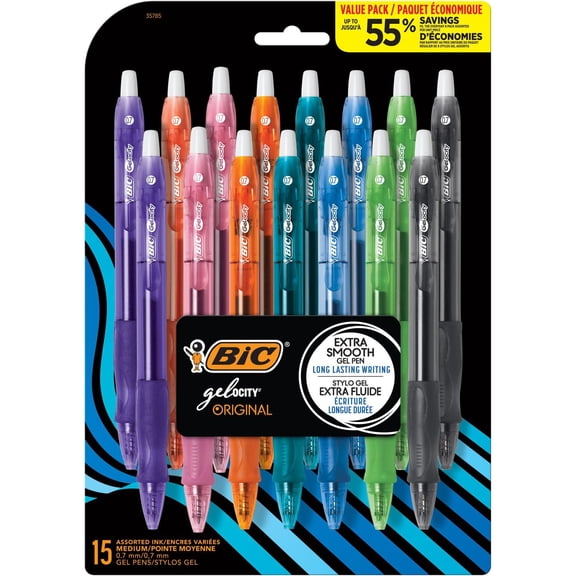 Stylo gel BIC Gel-ocity, pointe moyenne (0,7 mm), couleurs tendance assorties, pour une expérience d’écriture fluide, paquet de 15