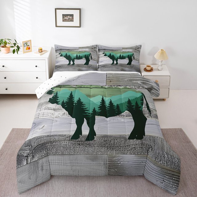 Hunting Ox King Size Comforter Set, Bull Cattle Rustic Animals Soft Bed Set For Kids Teens, Cow Safari Wooden Plank Breathable Down Comforter For Sofa, Trees Wildlife Theme Duvet Insert