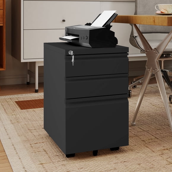 DEXTRUS Classeur Mobile à 3 Tiroirs avec Serrure, Classeur en Acier sur Roulettes pour Bureau à Domicile, Armoire de Rangement Roulante avec Tiroir à Dossiers, Noir